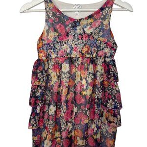 Girls Floral Layered Sundress Medium Pink Purple Ruffle Sleeveless A Line